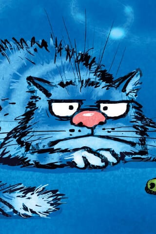 Postcard. Blue cats. Sad cat.