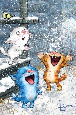 Postcard. Blue cats. Kittens' first snow.