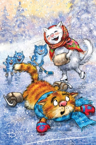 Postcard. Blue cats. Ice rink.