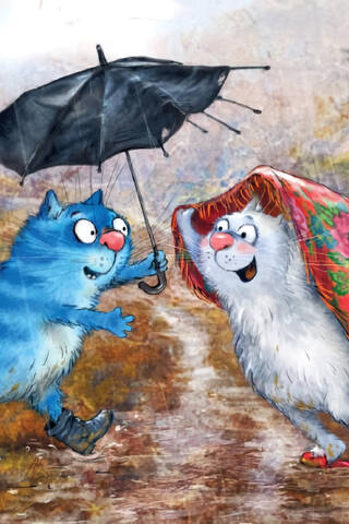 Postcard. Blue Cats. Love Under an Umbrella.