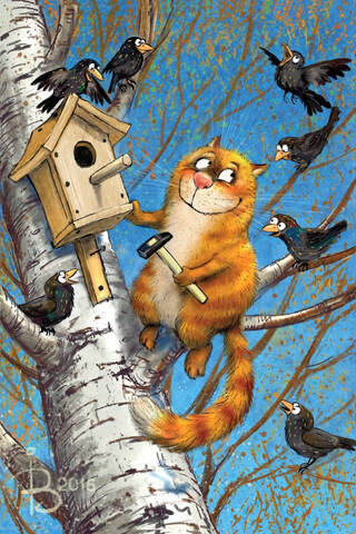 Postcard. Blue cats. Cat and birdhouse.