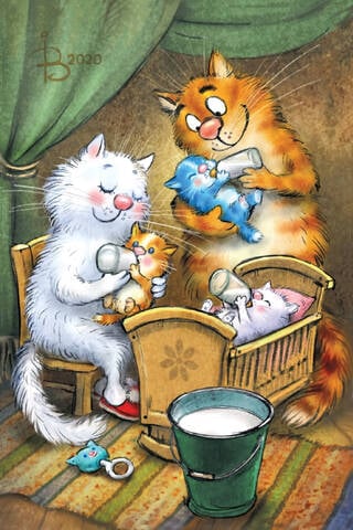 Postcard. Blue cats. Feeding kittens.