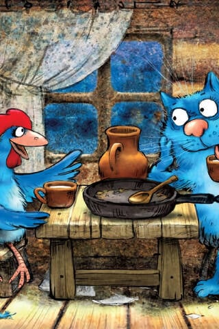 Postcard. Blue cats. Friends' get-together.