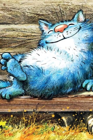 Postcard. Blue cats. Under the rays of the sun.
