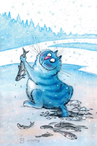 Postcard. Blue cats. Tail in the ice hole