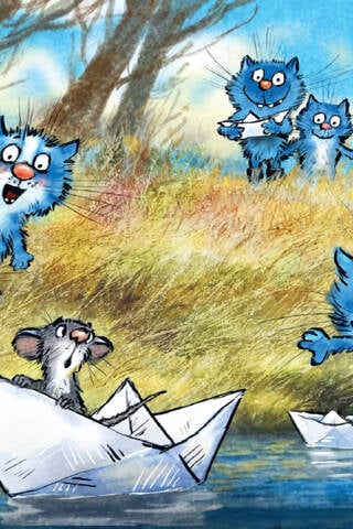 Postcard. Blue cats. A mouse rafting down the river.