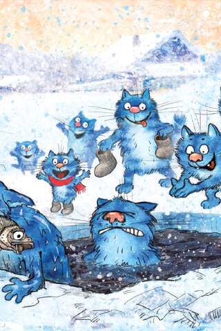 Postcard. Blue cats. Cats in an ice hole.