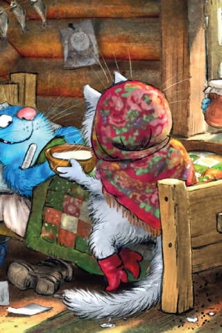 Postcard. Blue cats. The cat is sick.