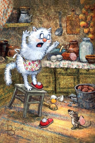 Postcard. Blue cats. Scared cat.