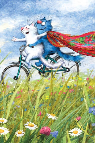 Postcard. Blue cats. Cats on a bicycle.