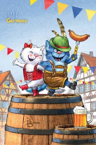 Postcard. Blue cats. Cats travel. Germany