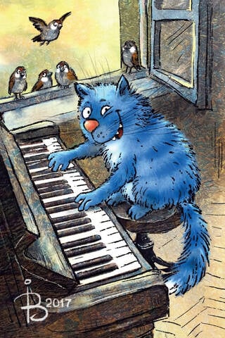 Postcard. Blue cats. A cheerful pianist.