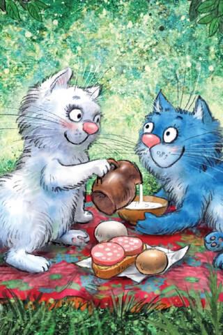 Postcard. Blue Cats. Breakfast on the Grass.