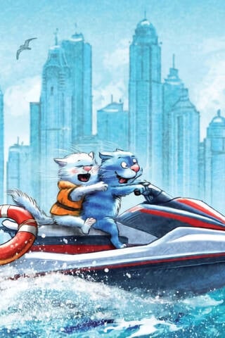 Postcard. Blue cats. Cats travel. United Arab Emirates.