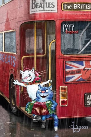Postcard. Blue cats. Cats travel. England.