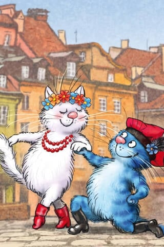Postcard. Blue cats. Cats travel. Poland.
