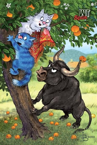 Postcard. Blue cats. Cats travel. Spain.