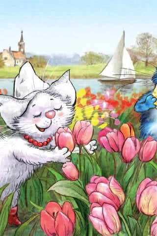 Postcard. Blue cats. Cats travel. The Netherlands.