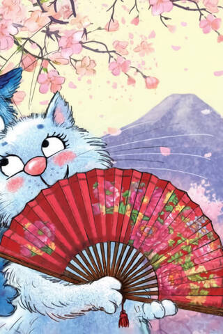 Postcard. Blue cats. Cats travel Japan.