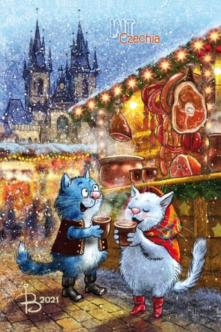Postcard. Blue cats. Cats travel. Czech Republic