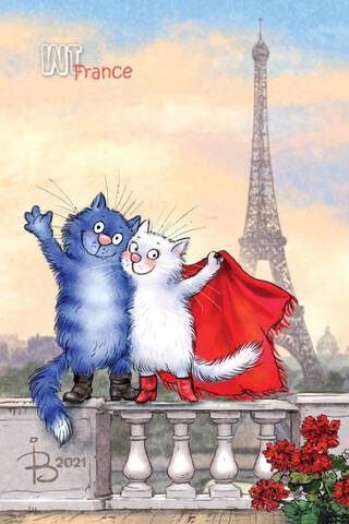 Postcard. Blue cats. Cats travel. France.