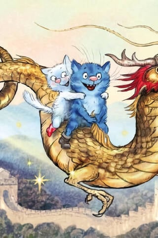 Postcard. Blue cats. Cats travel. China.