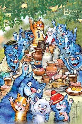 Postcard. Blue cats. Country wedding