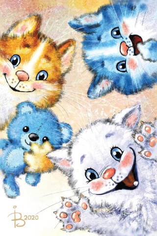 Postcard. Blue cats. The kittens woke up.
