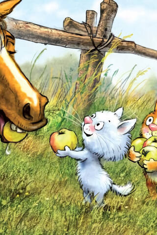 Postcard. Blue cats. Kittens feeding a horse.