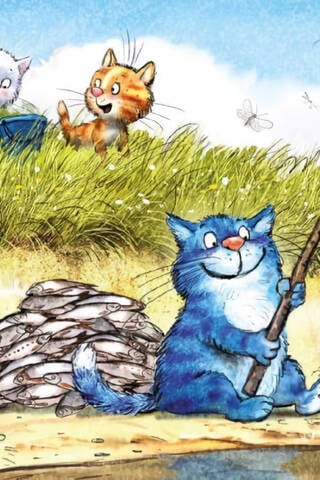 Postcard. Blue Cats. Lucky Fisherman.