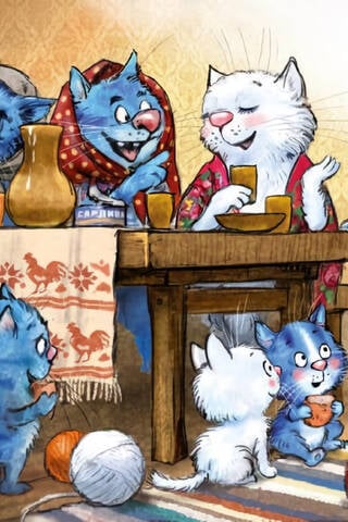 Postcard. Blue cats. Kittens under the table.