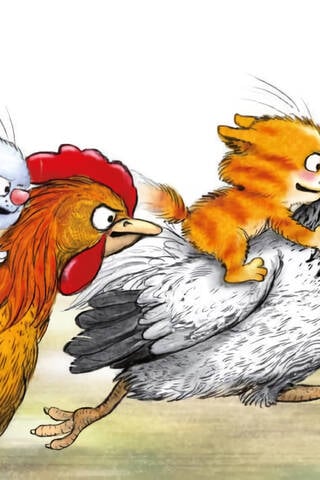 Postcard. Blue cats. Chicken race.