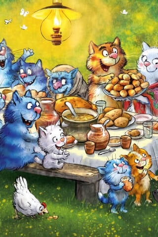 Postcard. Blue Cats. Evening Feast.