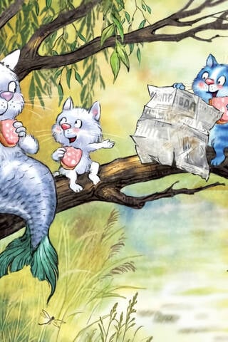 Postcard. Blue cats. Mermaid with kittens on a tree.