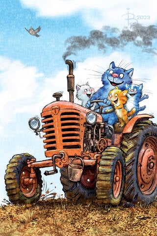 Postcard. Blue cats. Cats on a tractor.
