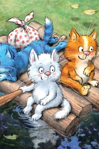Postcard. Blue Cats. River Journey.