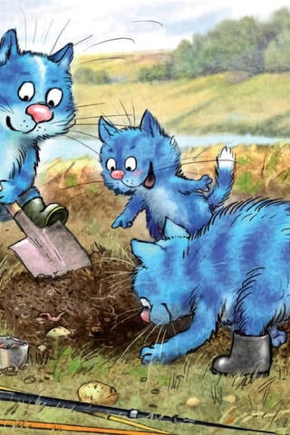 Postcard. Blue cats. Cats digging potatoes.
