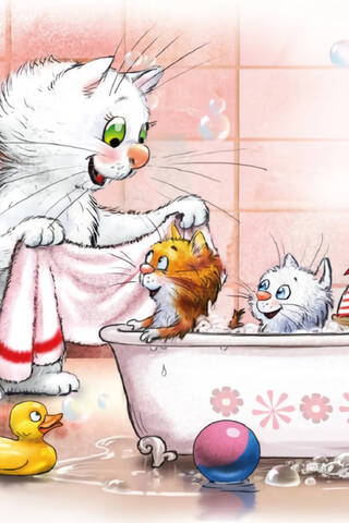 Postcard. Blue cats. A cat bathes her kittens.