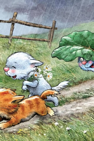 Postcard. Blue cats. Summer rain.