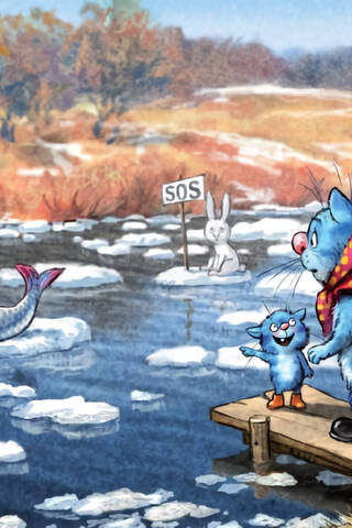 Postcard. Blue cats. Mermaid on an ice floe.