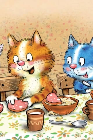 Postcard. Blue cats. Kittens eating sausage for breakfast.