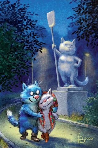 Postcard. Blue cats. Night. Street. Lantern.