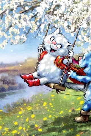 Postcard. Blue cats. Under a blossoming apple tree.