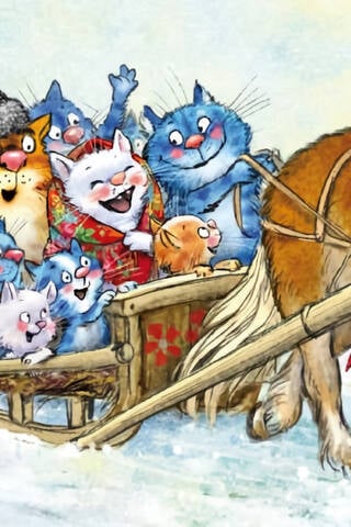 Postcard. Blue cats. Sledding.