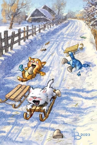 Postcard. Blue cats. Sledding