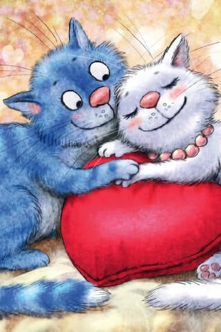 Postcard. Blue cats. Cuddling on a pillow.