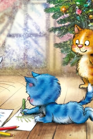 Postcard. Blue cats. Kittens draw