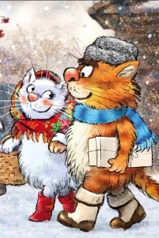 Postcard. Blue cats. Winter walk.