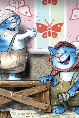 Postcard. Blue cats. Wallpapering.