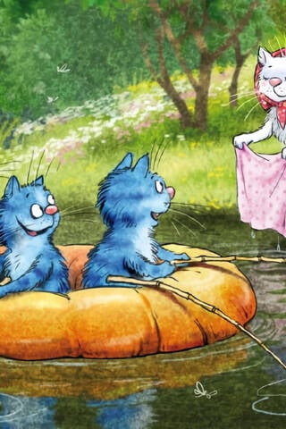 Postcard. Blue cats. Laundry